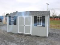 Pine Creek 10x16 HD Peak with Light Gray walls, White trim and Black shutters, and Oyster Gray shingles