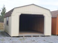 Pine Creek 14x24 Dutch Garage with Beige walls, Buckskin trim and Buckskin Z-Style shutters, and Barkwood shingles