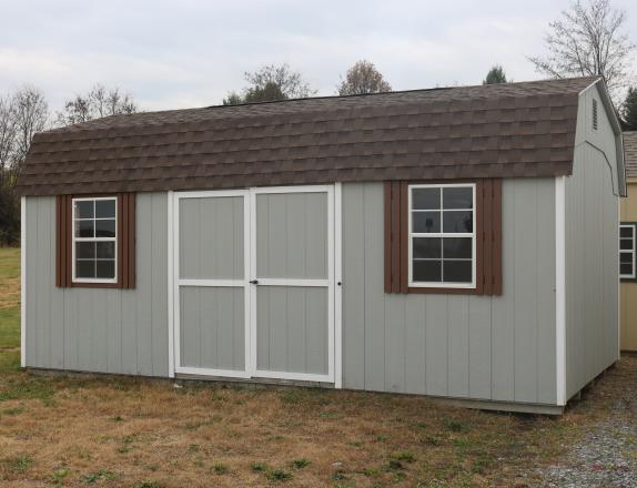 Pine Creek 12x20 HD Dutch Barn with Light Gray walls, White trim and Chestnut shutters, and Barkwood shingles